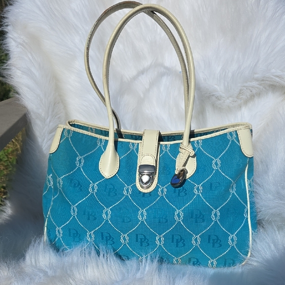 Vintage Dooney & Bourke Nautical Monogram Canvas Leather Blue Cream Shoulder Bag - Picture 1 of 15